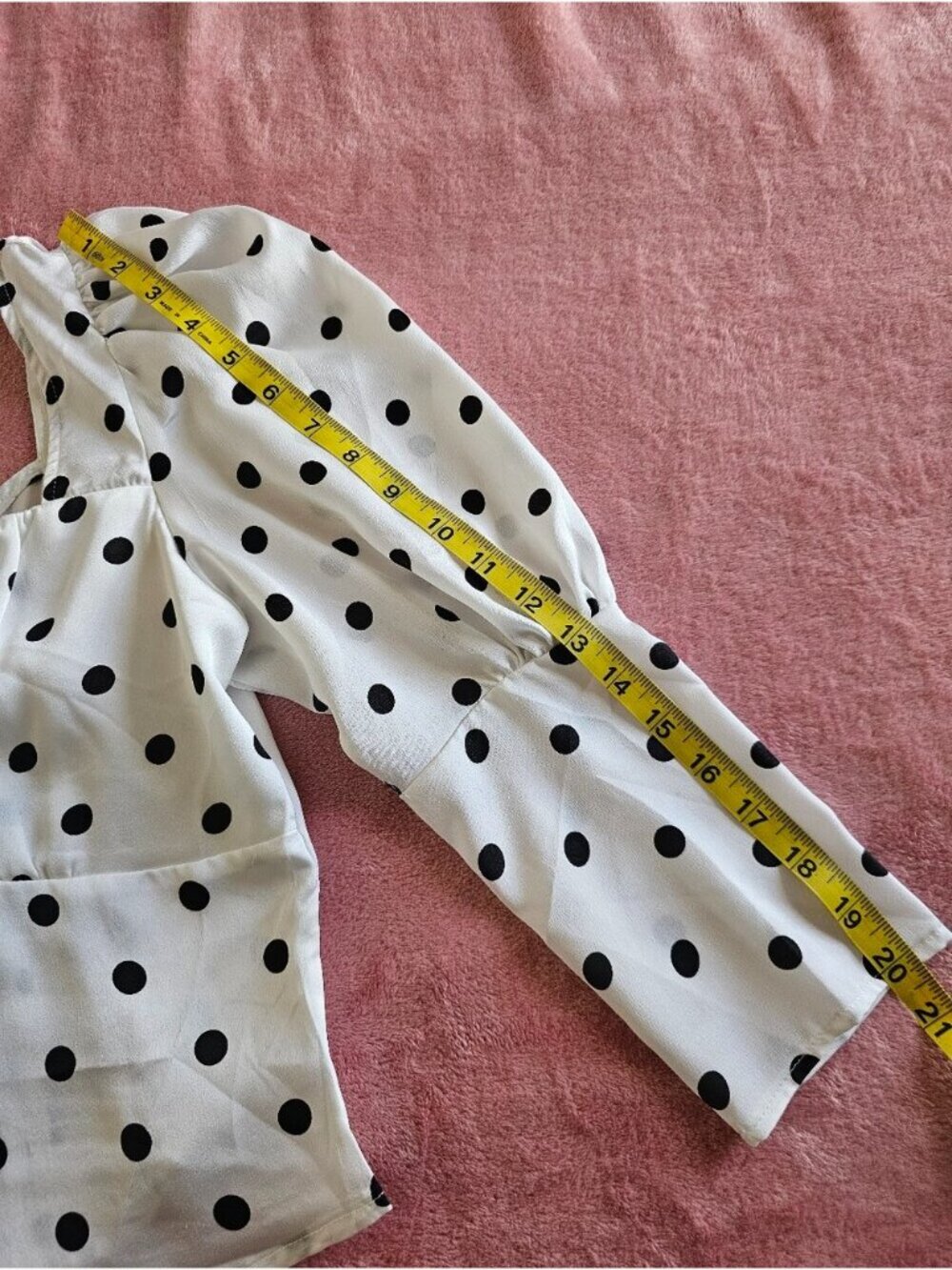 Size S Polka Dot Puff Sleeve Square Neck Blouse - White/Black. - Picture 6 of 10